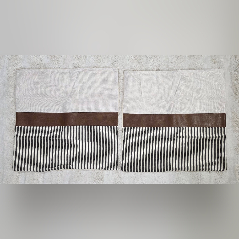 Striped Pillow Covers with Faux Leather Accent, Patchwork, Farmhouse, Modern